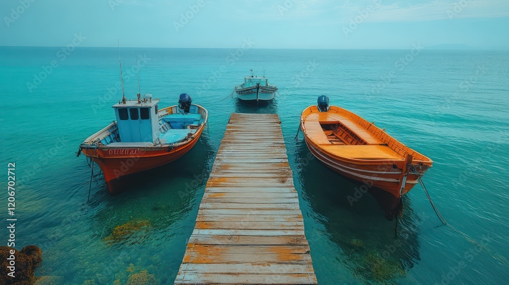 Tranquil Seascape: Three Boats Moored at a Wooden Dock Tranquil Seascape: Three Boats Moored at a Wooden Dock