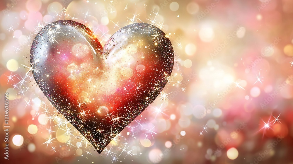 Fototapeta premium Sparkling Valentine heart surrounded by soft sparkles set against a serene Saint Valentine background with soft pink red and golden tones