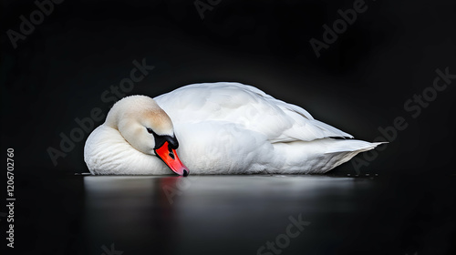 Fototapeta Naklejka Na Ścianę i Meble -  Elegant swan resting on dark water, peaceful nature scene, perfect for wildlife or nature documentaries