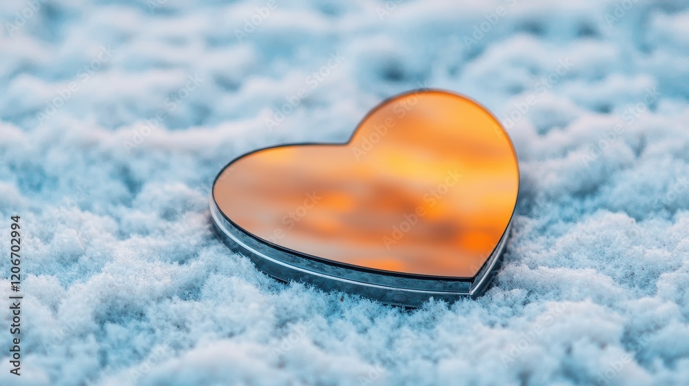 Fototapeta premium Heart Shaped Mirror Reflecting Sunset on Snowy Surface Romantic Winter Scene