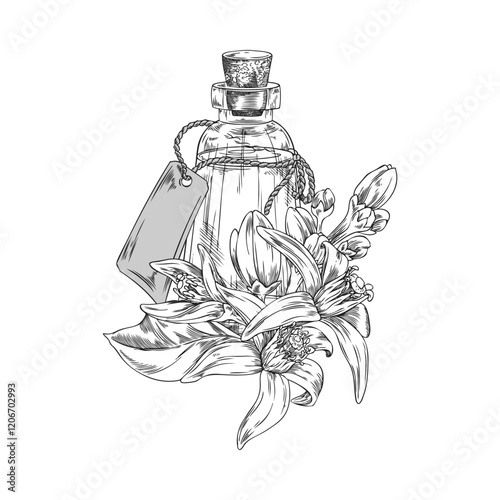 Vector illustration featuring Monochrome bottle with neroli oil and flowers.