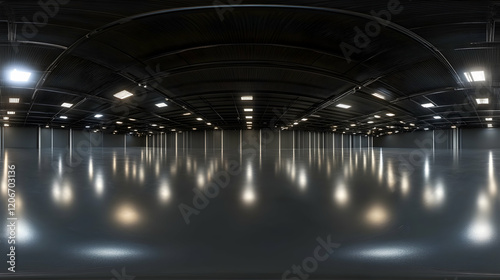 Empty modern exhibition hall interior, spacious floor, bright lights, dark ceiling, 360° view, ideal for event planning