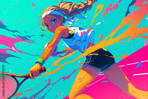 Dynamic tennis player in action on a vibrant court, with colorful splashes in the background
