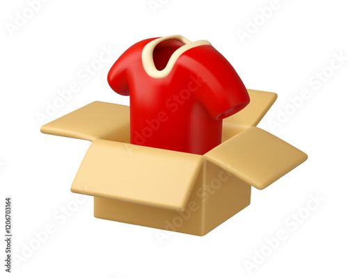Donate clothing vector 3d icon. Cardboard box with red t-shirt isolated. Charity concept. Used clothes recycle illustration