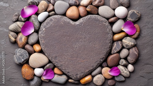 Heart Shaped Stone with Smooth River Rocks and Pink Petals for Spa Wellness or Relaxation