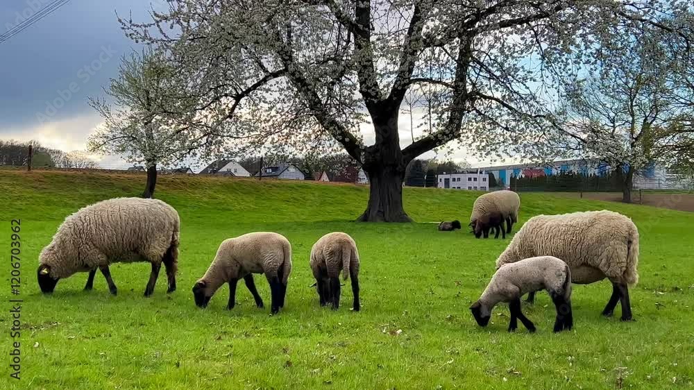 A flock of sheep grazes on a green meadow under a blossoming apple tree. High quality 4k footage A flock of sheep grazes on a green meadow under a blossoming apple tree. High quality 4k footage