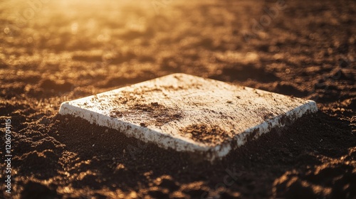 A baseball base with infield dirt, outdoor setting with afternoon light, Rustic style photo