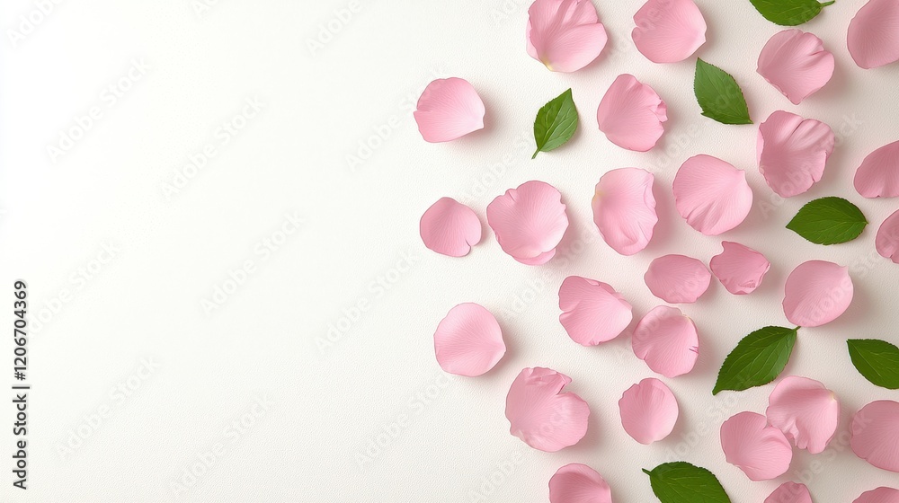 Delicate Pink Rose Petals and Green Leaves on White Background Romantic Floral Flatlay Delicate Pink Rose Petals and Green Leaves on White Background Romantic Floral Flatlay