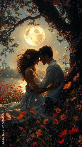 Romantic couple under a glowing full moon, surrounded by magical fireflies and blooming flowers, evoking love, enchantment, and serenity in a dreamy, ethereal night setting