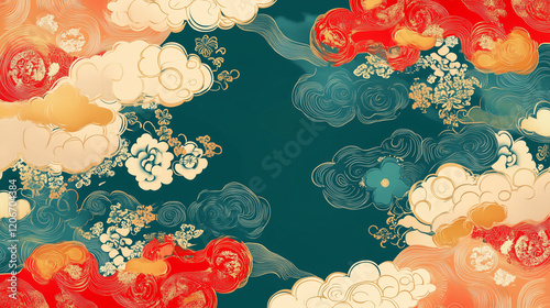 Elegant Chinese Cloud Pattern Illustration in Red, Gold, and Cyan Ink with Auspicious Symbols and Simple Design photo