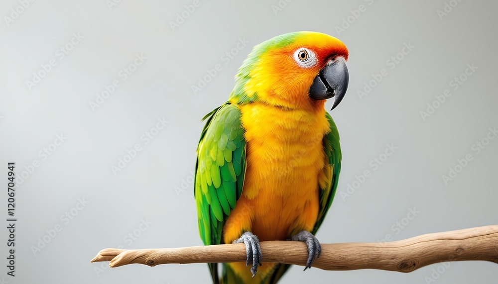 Obraz premium Vibrant Parrot Perched on a Branch Against a Light Gray Background