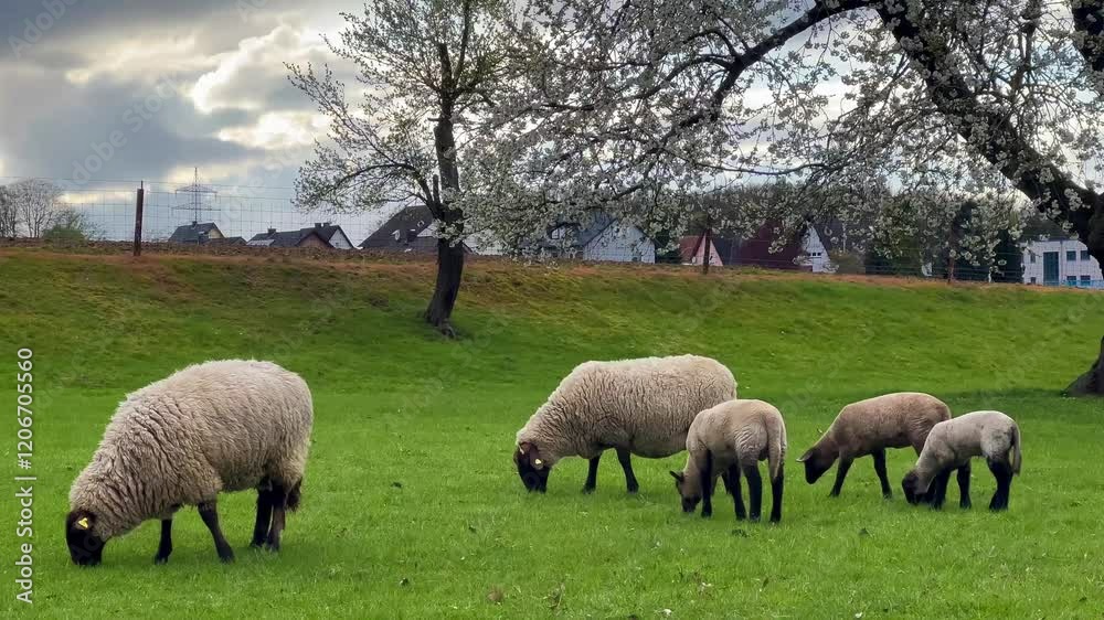 A flock of sheep grazes on a green meadow under a blossoming apple tree. High quality 4k footage A flock of sheep grazes on a green meadow under a blossoming apple tree. High quality 4k footage