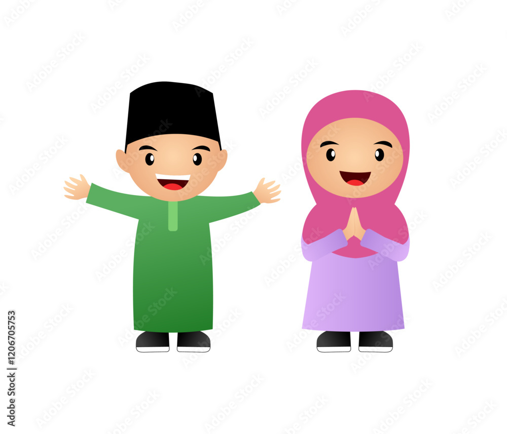 Muslim boys and girls wearing Islamic clothes celebrating Ramadan and Eid. Vector or cartoon theme and HD image Muslim boys and girls wearing Islamic clothes celebrating Ramadan and Eid. Vector or cartoon theme and HD image