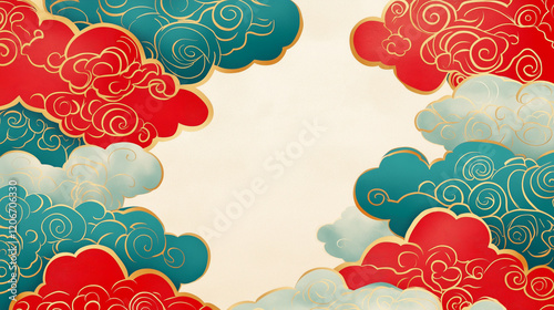 Elegant Chinese Cloud Pattern Illustration in Red, Gold, and Cyan Ink with Auspicious Symbols and Simple Design photo