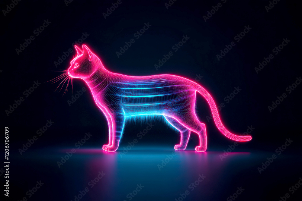 Fototapeta premium Neon silhouette of a cat on a dark background.