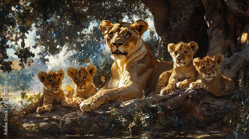 A lioness and her cubs resting in the shade under a tree, creating a peaceful family scene in the wild