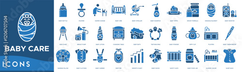 Baby Care icon. Baby Bottle, Pacifier, Diaper Change, Baby Crib and Baby Stroller