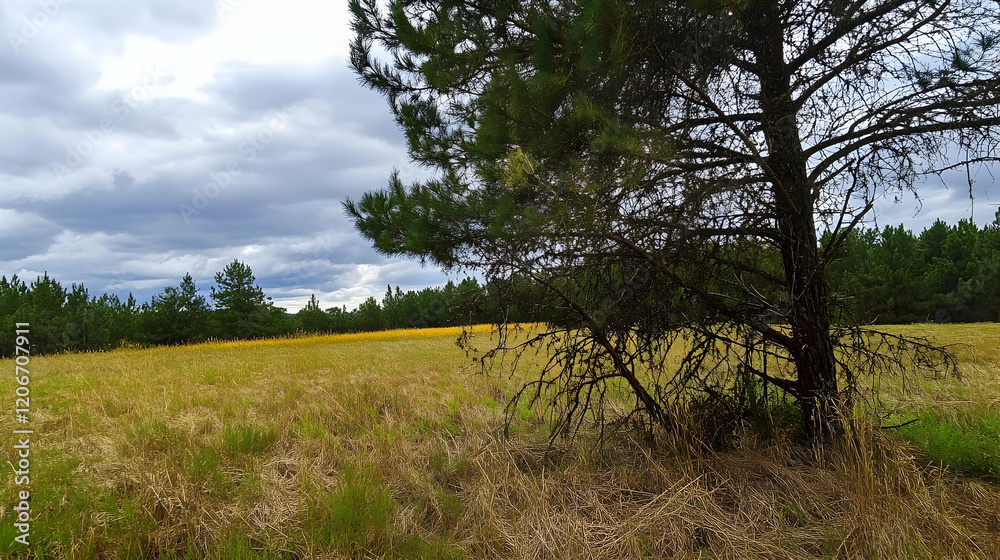 Golden field under cloudy sky, lone pine tree, tranquil nature scene, ideal for nature or travel websites Golden field under cloudy sky, lone pine tree, tranquil nature scene, ideal for nature or travel websites