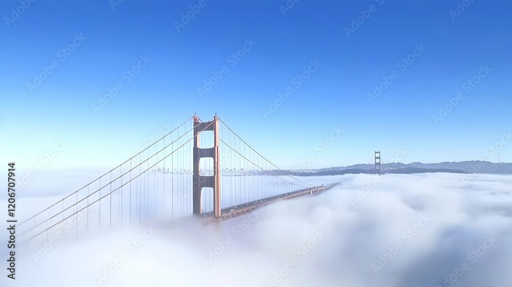 Golden Gate Bridge above fog, San Francisco cityscape background, travel postcard Golden Gate Bridge above fog, San Francisco cityscape background, travel postcard