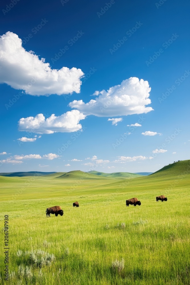 Bison Grazing Peacefully in a Lush Prairie Landscape Under a Clear Blue Sky Bison Grazing Peacefully in a Lush Prairie Landscape Under a Clear Blue Sky