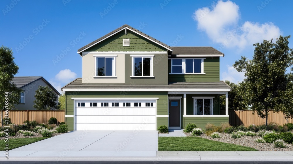 Two-Story Home with Green Siding and White Garage Door Two-Story Home with Green Siding and White Garage Door