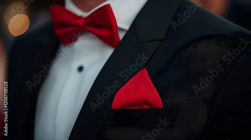 Elegant Men s Formal Wear Close up of Black Tuxedo with Red Bow Tie and Pocket Square