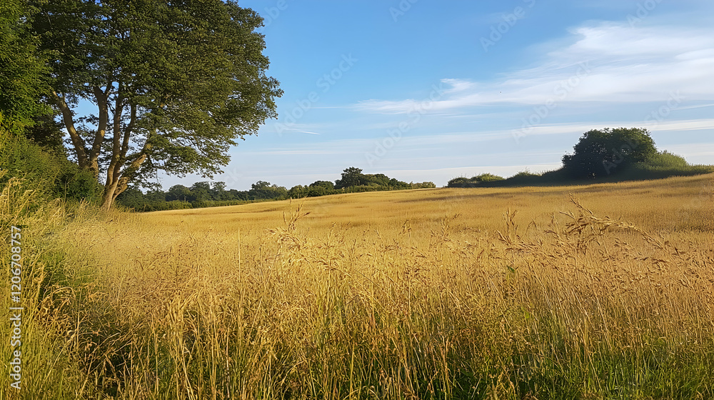 Golden wheat field under summer sky, rural landscape, idyllic countryside scene, perfect for travel brochures Golden wheat field under summer sky, rural landscape, idyllic countryside scene, perfect for travel brochures