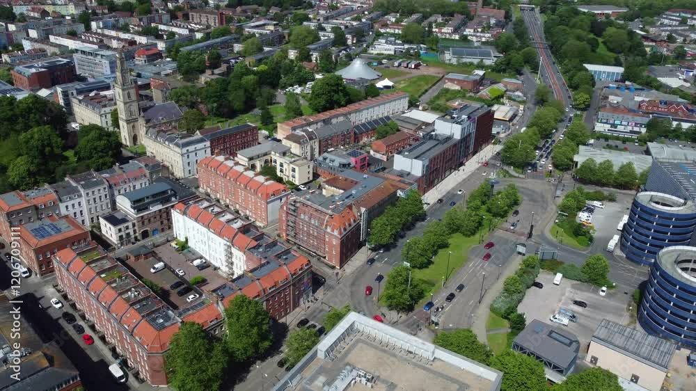 An Aerial View of Buildings at Central Bristol City of Southwest of England, United Kingdom. May 26th, 2024. The High Angle Footage Was Captured with Drone's Camera from Medium High Altitude. An Aerial View of Buildings at Central Bristol City of Southwest of England, United Kingdom. May 26th, 2024. The High Angle Footage Was Captured with Drone's Camera from Medium High Altitude.