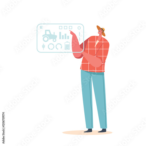 Farmer Utilizes Artificial Touch Screen To Monitor And Control Various Aspects Of The Farm, Cartoon Vector Illustration