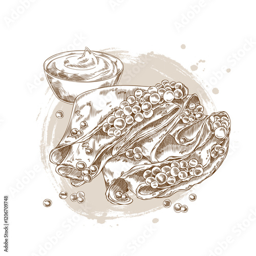 Vector illustration of monochrome sketch with pancakes with caviar and sour cream.