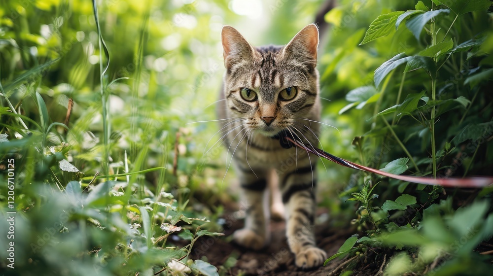 Obraz premium A cat on a leash exploring a lush green path in a natural setting.