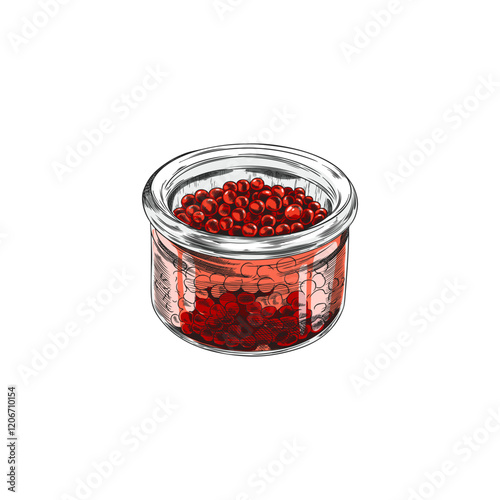 Vector hand drawn illustration of glass jar with red caviar. Seafood delicacy.