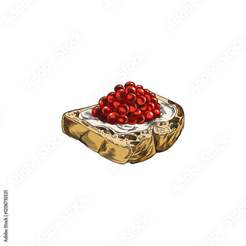 Vector outline illustration of sandwich with butter or sour cream and red caviar.