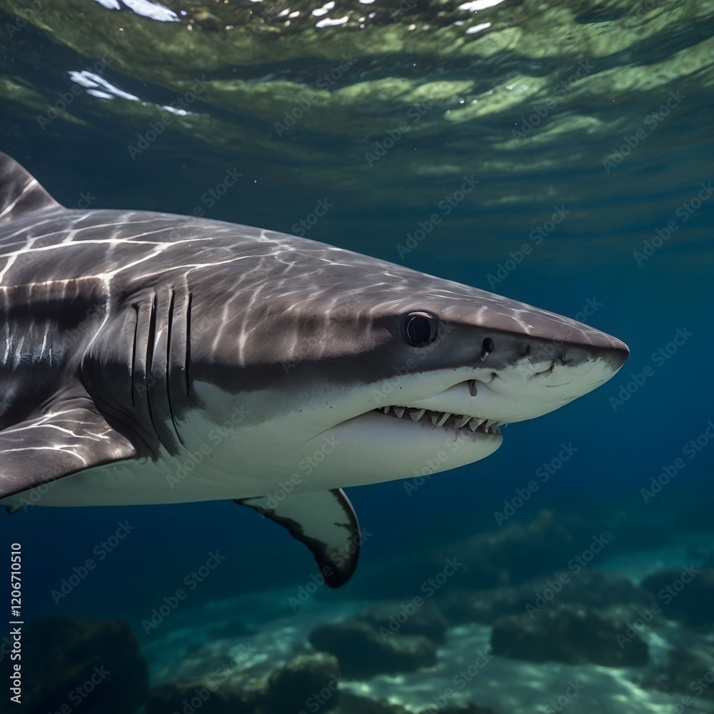 Naklejka premium Borneo Shark Close-Up Featuring Streamlined Form and Unique Markings Against Blurred Backdrop