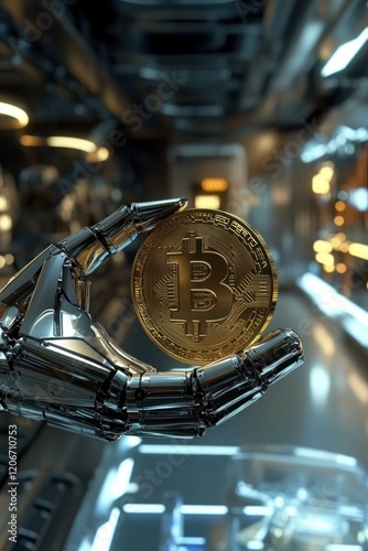 Robotic hand holding Bitcoin, futuristic lab photo