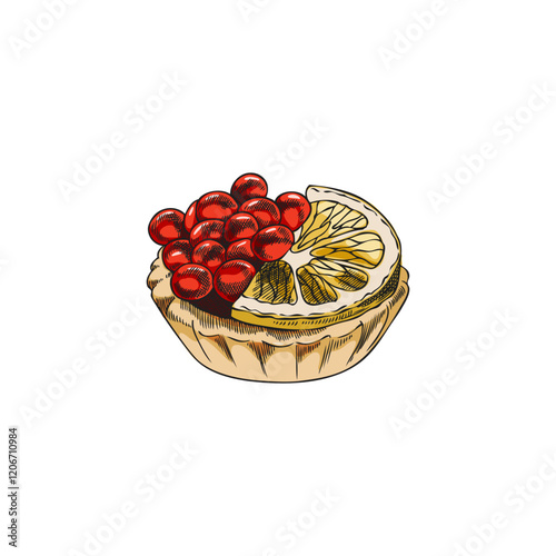 Red caviar heap and lemon slice on the tartlet vector hand drawn, sea food, natural delicacy product, appetizer, snack