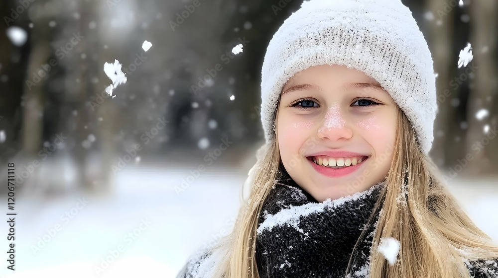 Happy girl in winter forest, snow falling, smiling face, winter wonderland, for seasonal greeting cards Happy girl in winter forest, snow falling, smiling face, winter wonderland, for seasonal greeting cards