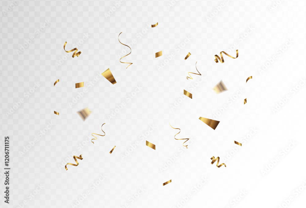 Confetti explosion on transparent background. Shiny golden paper pieces flying and spreading. for your events and business. vector illustration	