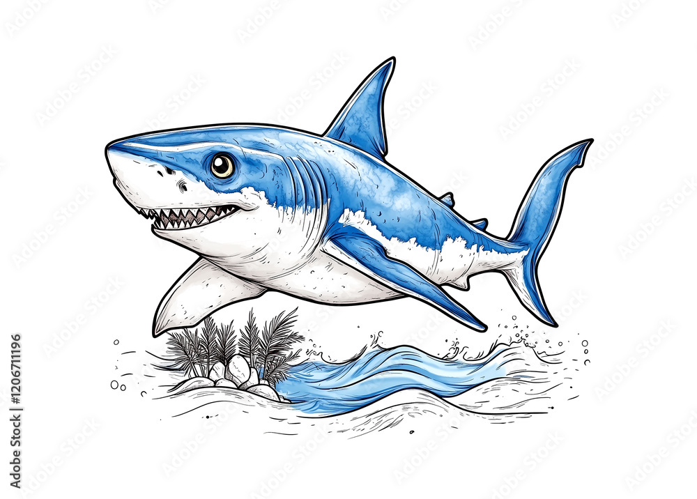 Obraz premium A blue and white shark is swimming in the ocean. The shark has a mouth open and he is hungry