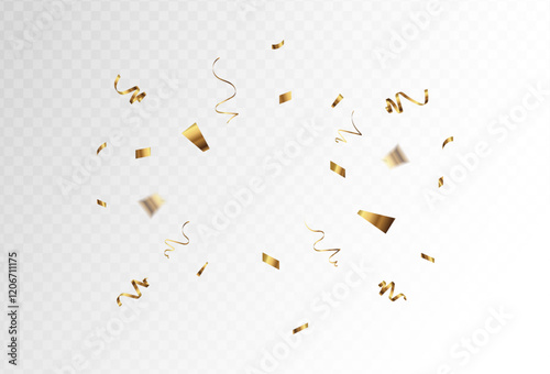 Confetti explosion on transparent background. Shiny golden paper pieces flying and spreading. for your events and business. vector illustration	