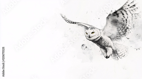 a hand drawn watercolor painting of a white snowy owl in flight with black and white splashes of color on a white background