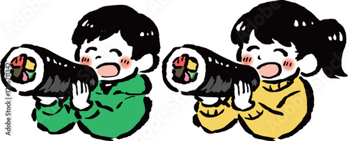 恵方巻を食べる子どもたち　筆タッチ手描きイラスト