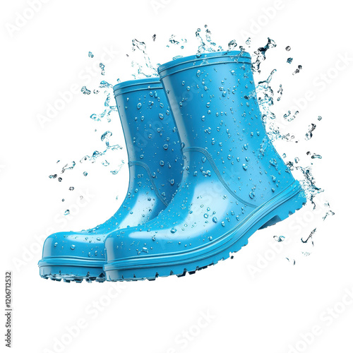 Bright blue rain boots splashing in water for a cheerful and playful outdoor vibe. transparent background photo