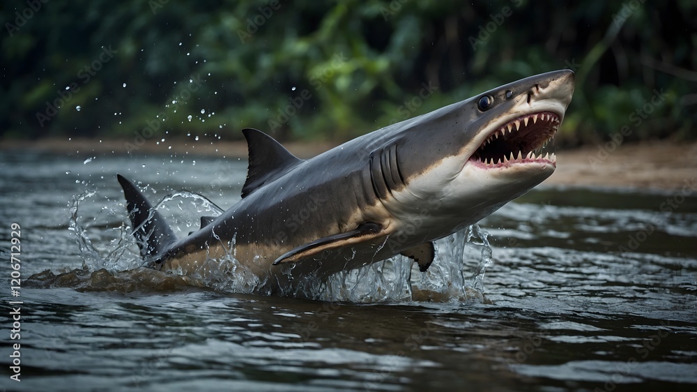 Obraz premium Borneo Shark in Action Capturing Predator and Prey Drama in Murky River