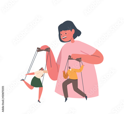 Child Girl Character Puppeteer Skillfully Controls Parents As Marionettes, Pulling Strings With Finesse And Precision
