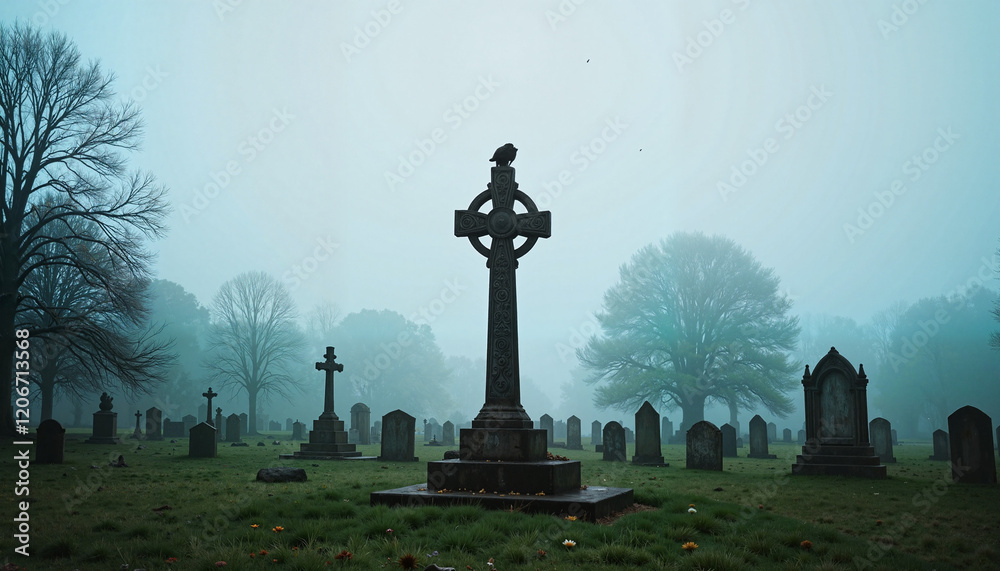 Celtic cross in foggy graveyard with tall trees Celtic cross in foggy graveyard with tall trees