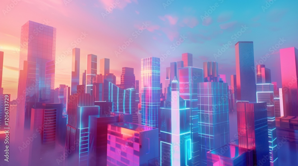 Fototapeta premium Neon Cityscape at Sunrise