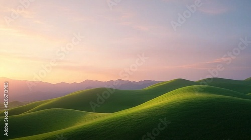 Serene abstract illustration of rolling green hills bathed in the soft glow of a sunset