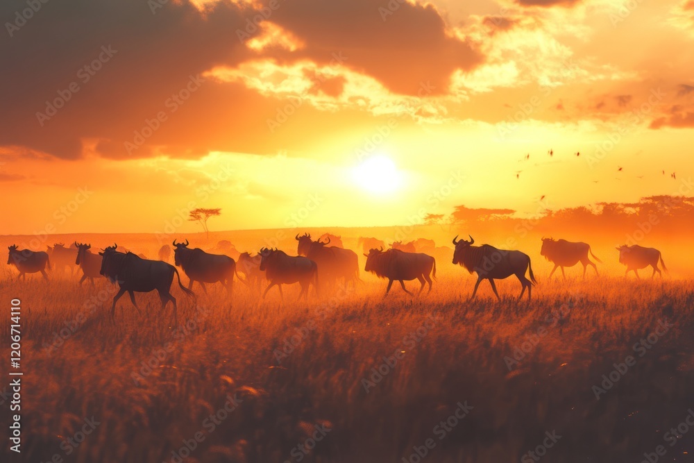 Wildebeest Sunset Migration, African Savanna Wildebeest Sunset Migration, African Savanna