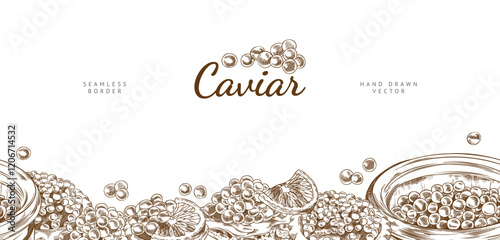 Caviar pile and in glass jar vector engraved hand drawn seamless border design, sea food, natural delicacy product